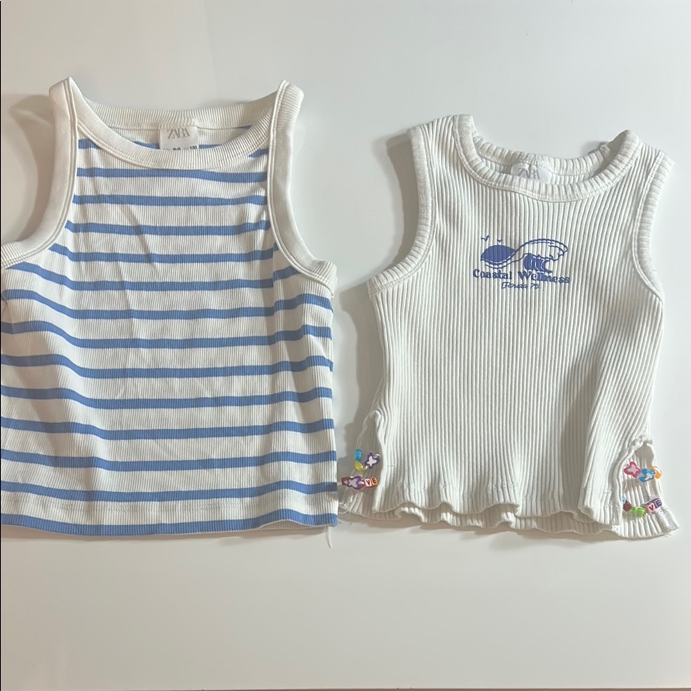Zara Blue and White Striped and Graphic Tank Tops